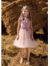 Mauve Lace Tulle Buttons Back Short Flower Girl Dress
